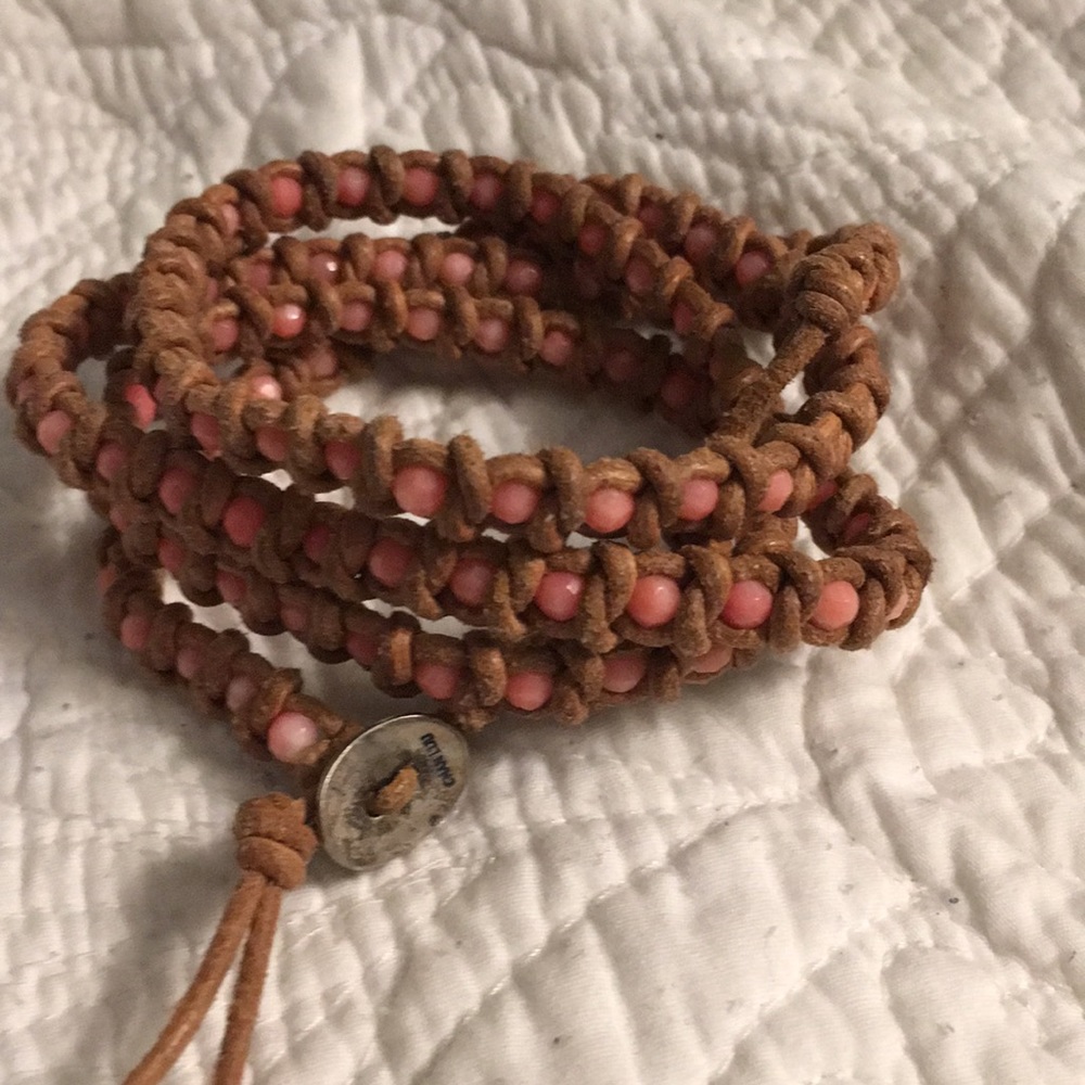 Chan Luu wrap bracelet pink beads/tan leather